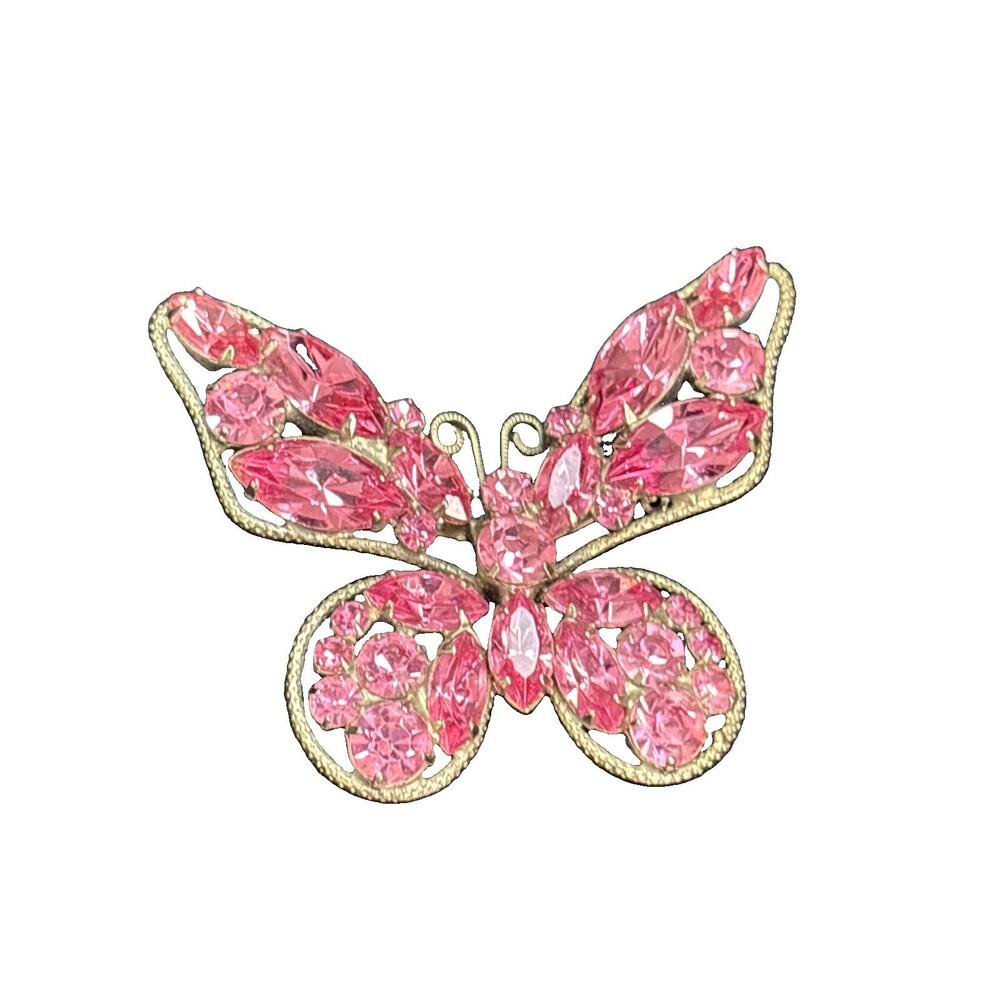 Vintage Butterfly Brooch Pin Pink Rhinestones Silver Tone 2”x2” Butterfly Art
